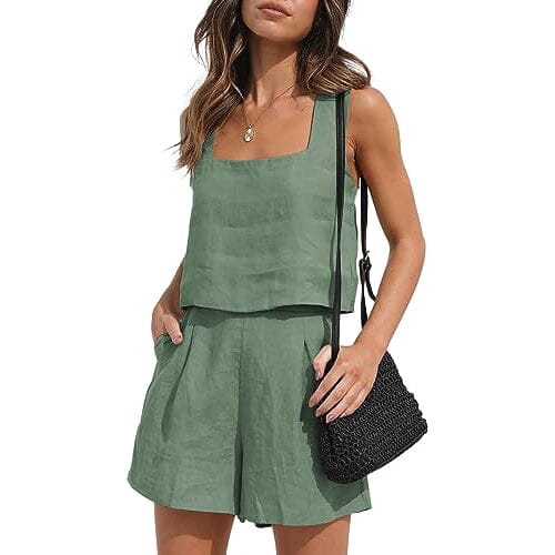 2-Piece Set: Women's Lounge Matching Sets Linen Shorts Crop Tops Women's Tops Green S - DailySale