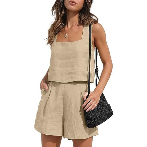 2-Piece Set: Women's Lounge Matching Sets Linen Shorts Crop Tops Women's Tops Khaki S - DailySale