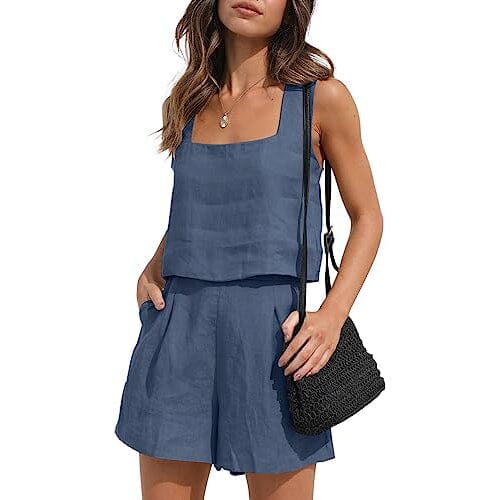 2-Piece Set: Women's Lounge Matching Sets Linen Shorts Crop Tops Women's Tops Navy S - DailySale