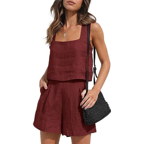 2-Piece Set: Women's Lounge Matching Sets Linen Shorts Crop Tops Women's Tops Wine S - DailySale