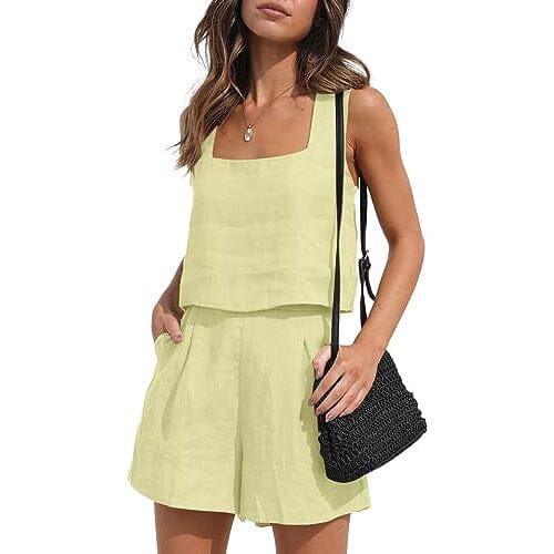 2-Piece Set: Women's Lounge Matching Sets Linen Shorts Crop Tops Women's Tops Yellow S - DailySale