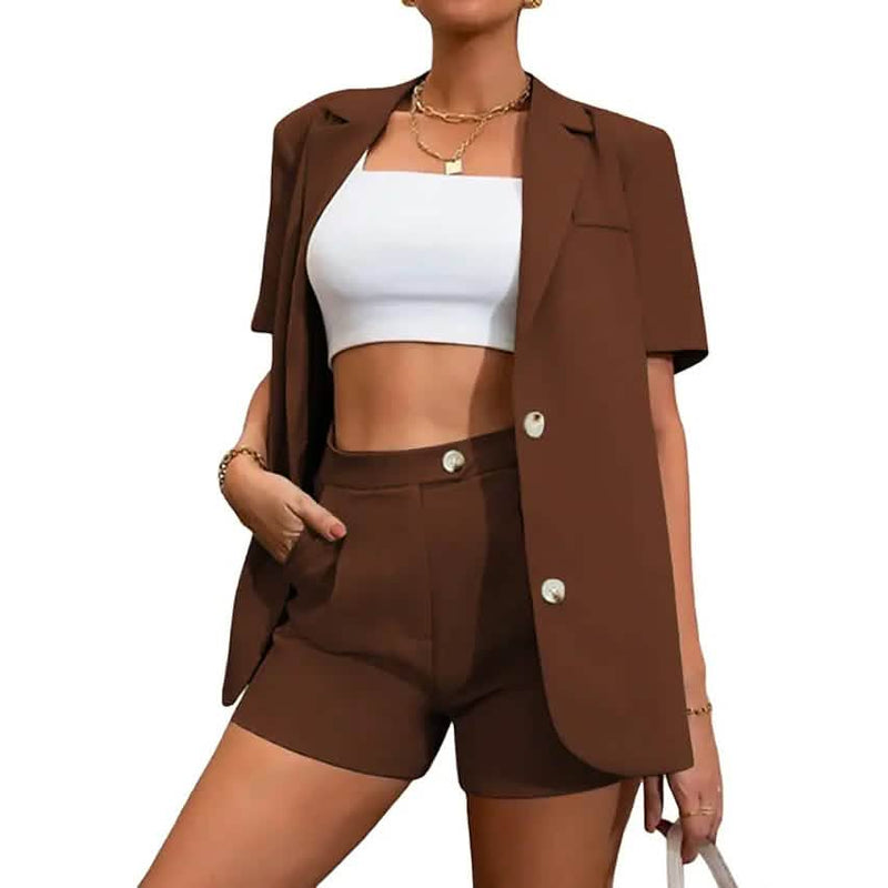 2-Piece Set: Women's Solid Color Blazer Shorts Women's Tops Brown S - DailySale
