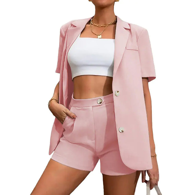 2-Piece Set: Women's Solid Color Blazer Shorts Women's Tops Pink S - DailySale