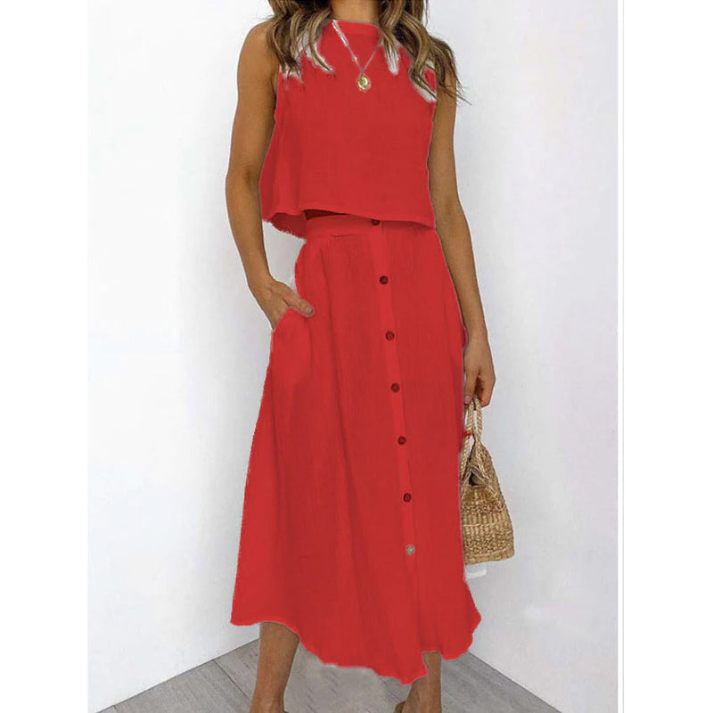 2-Piece Set: Women's Solid Color Casual Dress Women's Dresses Red S - DailySale