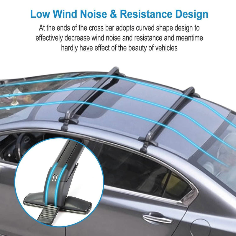 2-Piece Universal 110CM/43-Inch Car Roof Rack Cross Bar mounted over a car's rooftop showing a closeup of the attachment mechanism
