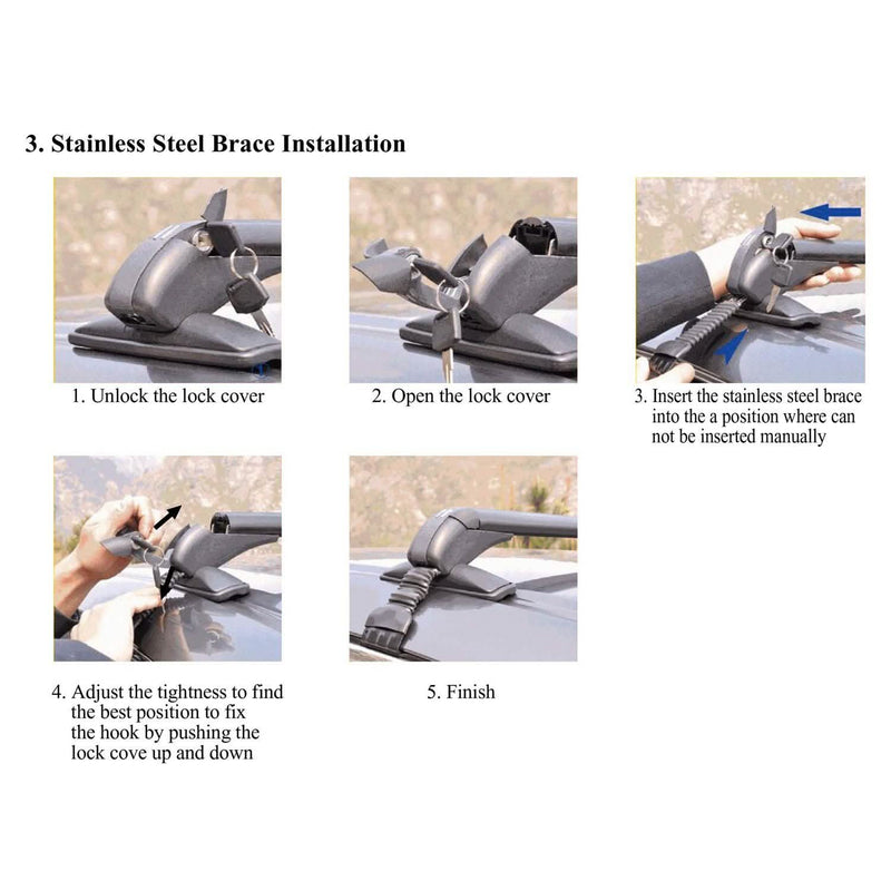 Four images showing a detail of the stainless steel brace installation for the 2-Piece Universal 110CM/43-Inch Car Roof Rack Cross Bar