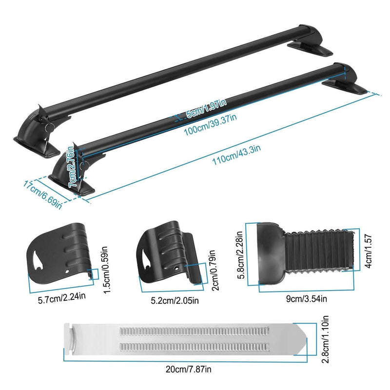 2-Piece Universal 110CM/43-Inch Car Roof Rack Cross Bar showing all dimensions