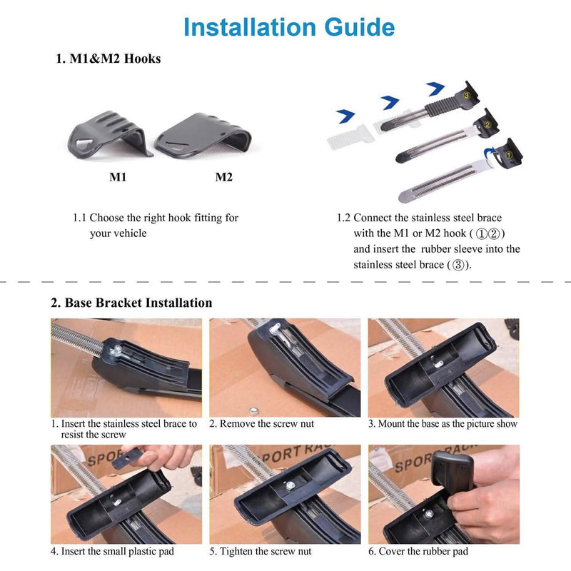 Picture of the installation guide of the 2-Piece Universal 110CM/43-Inch Car Roof Rack Cross Bar showing the installation of the base bracket