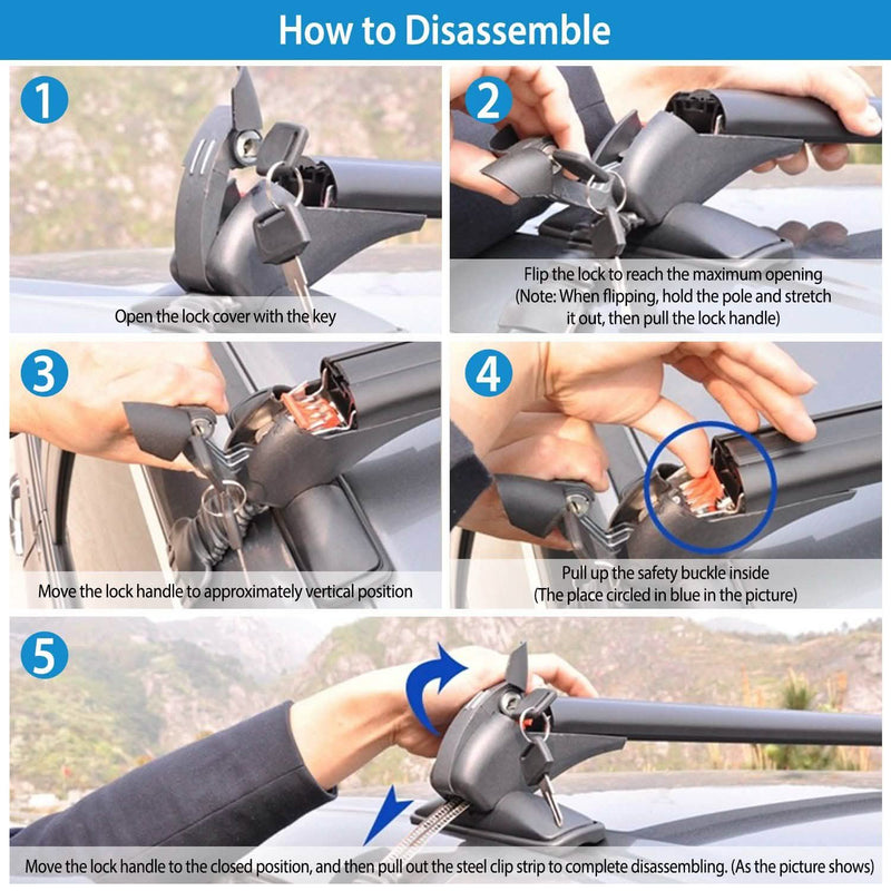 Five images showing the step-by-step disassembly of the 2-Piece Universal 110CM/43-Inch Car Roof Rack Cross Bar