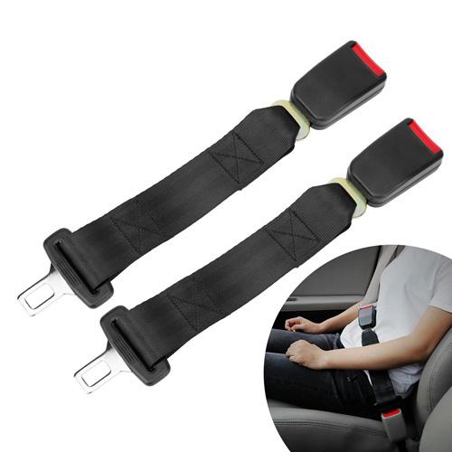 2-Piece: Universal 14” Car Seat Belt Extender over a white background with an inset of a man siting in a car wearing the extender