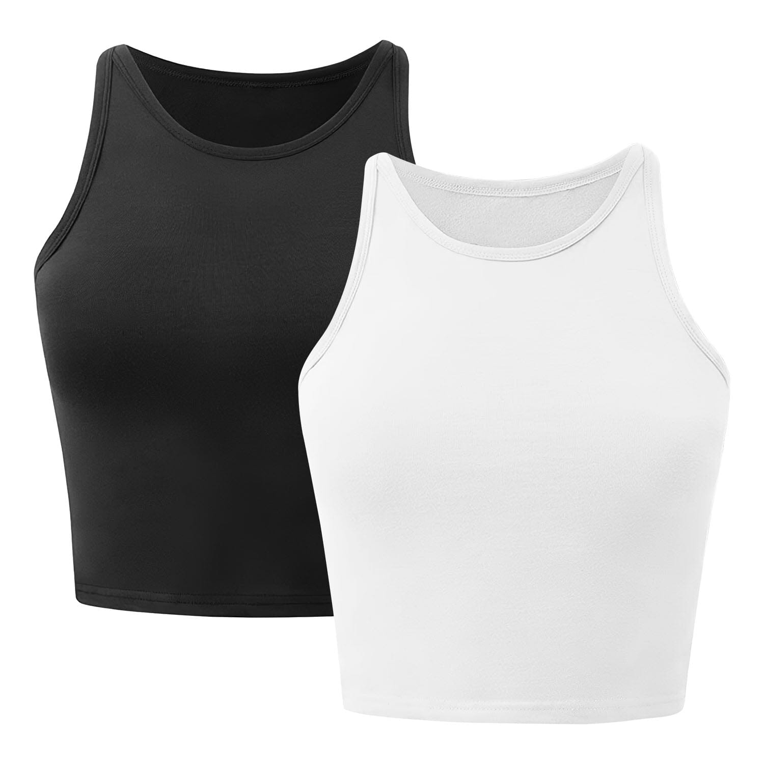 2-Piece: Women Sleeveless Cropped Tank top High Neck Women's Tops Black/White S - DailySale