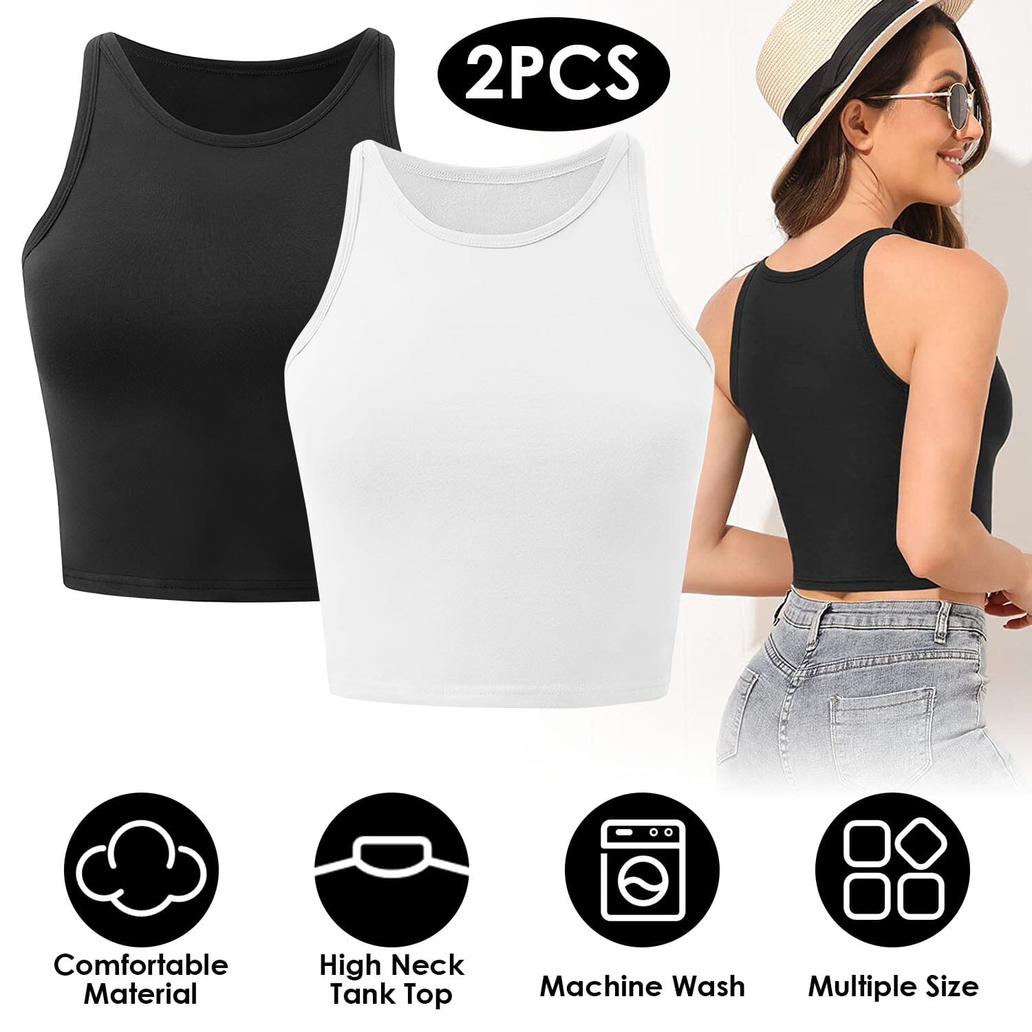 2-Piece: Women Sleeveless Cropped Tank top High Neck Women's Tops - DailySale