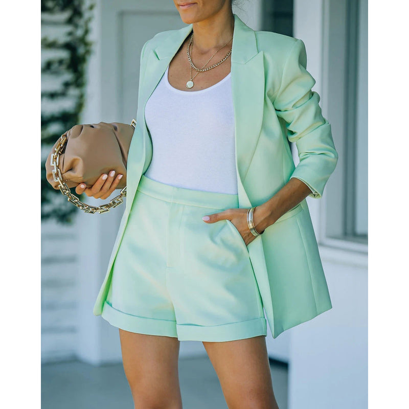 2-Piece: Women's Basic Shirt Collar Blazer Women's Outerwear Light Green S - DailySale