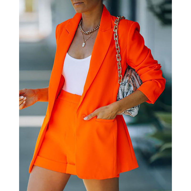 2-Piece: Women's Basic Shirt Collar Blazer Women's Outerwear Orange S - DailySale