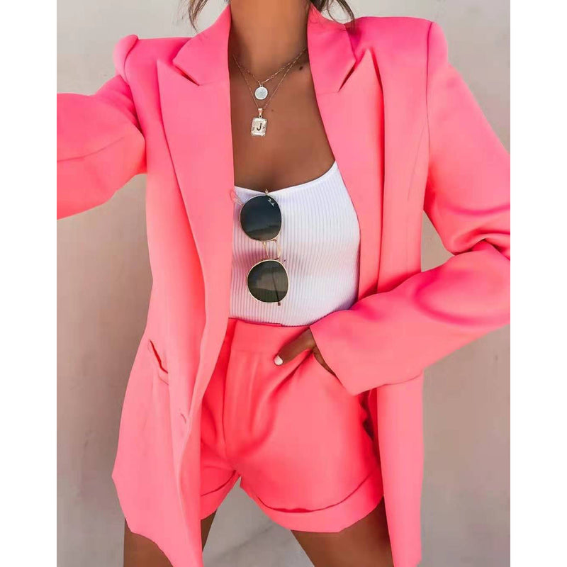 2-Piece: Women's Basic Shirt Collar Blazer Women's Outerwear Pink S - DailySale