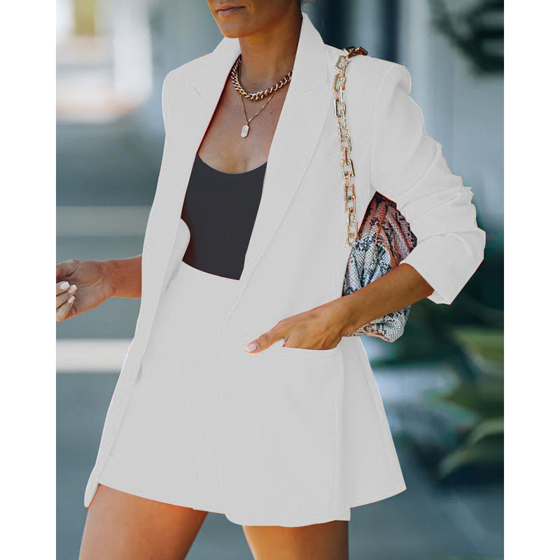 2-Piece: Women's Basic Shirt Collar Blazer Women's Outerwear White S - DailySale