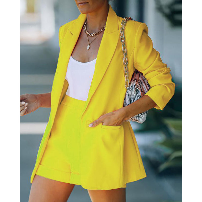 2-Piece: Women's Basic Shirt Collar Blazer Women's Outerwear Yellow S - DailySale