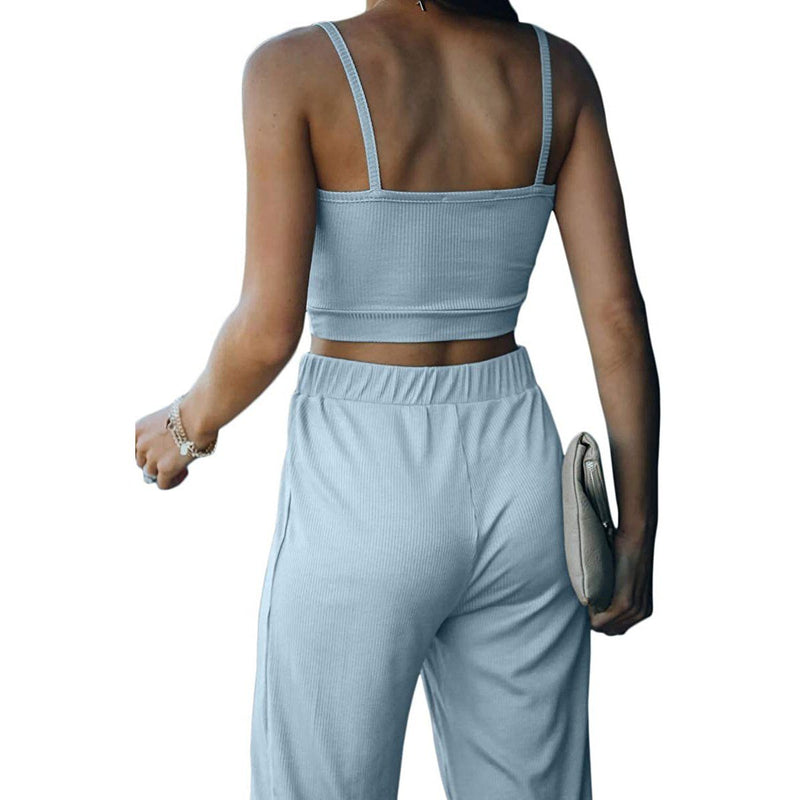 2-Piece: Women's Casual Outfit Ribbed Spaghetti Strap Top Ankle Length Joggers Sets