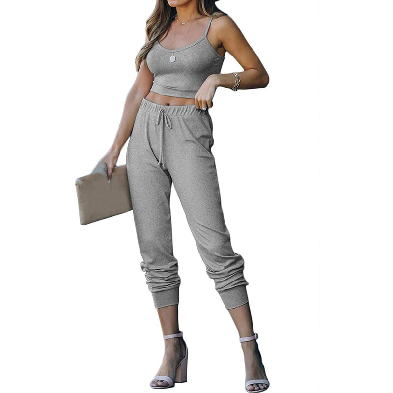 2-Piece: Women's Casual Outfit Ribbed Spaghetti Strap Top Ankle Length Joggers Sets
