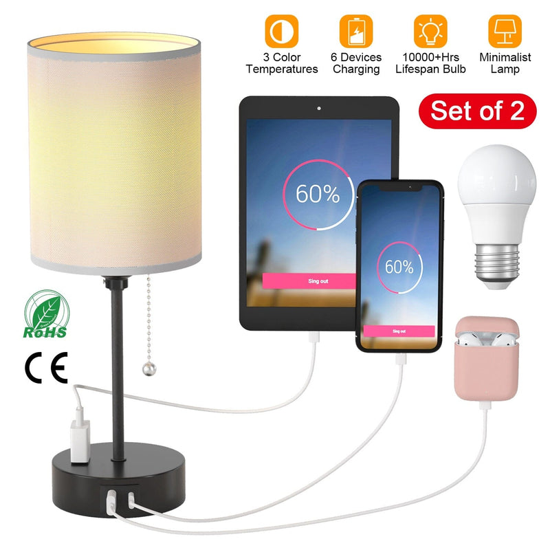 2-Pieces: Bedside Lamps 3 Color Modes USB C+A AC Output Ports Pull Chain Indoor Lighting - DailySale