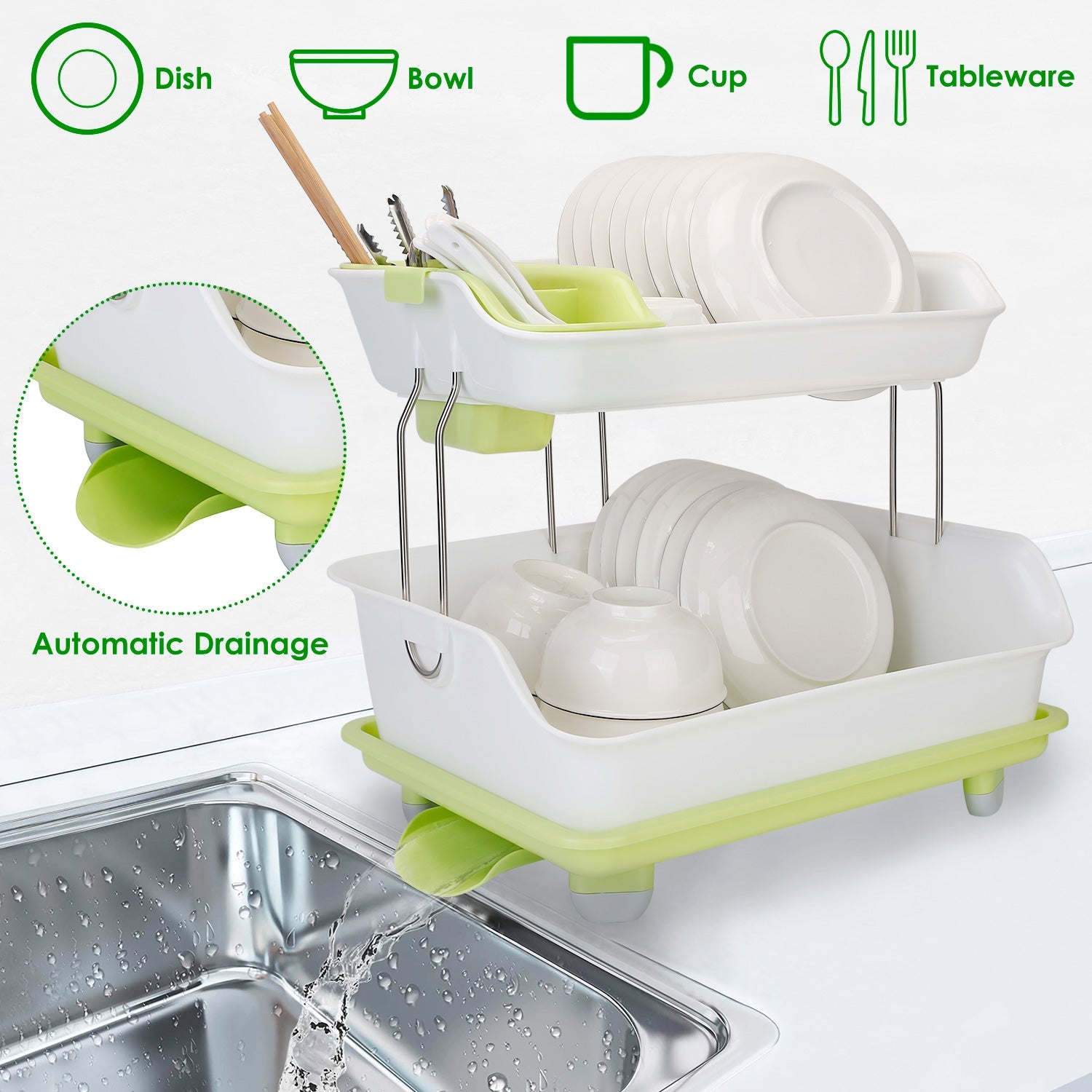 2-Tier Dish Drying Rack Cutlery Drainer Kitchen Storage - DailySale