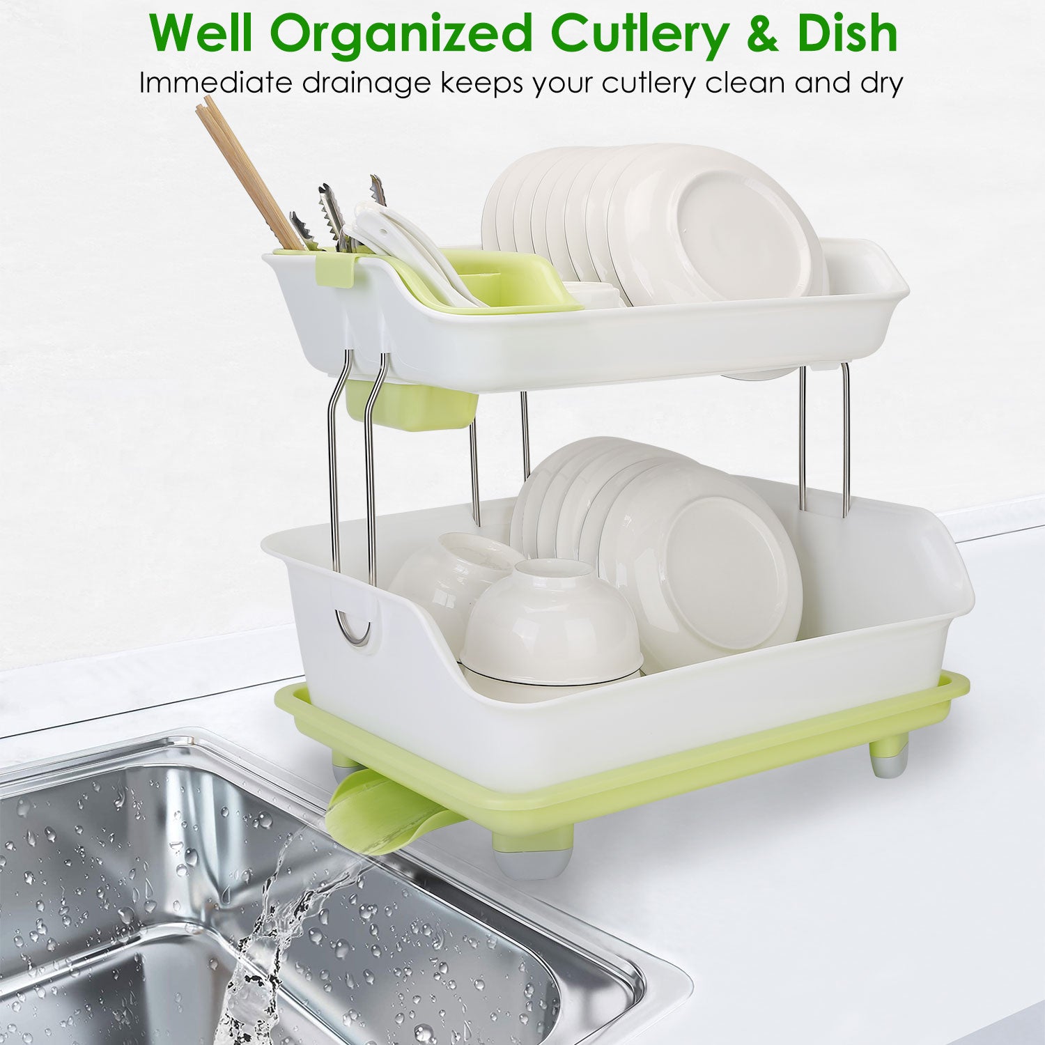 2-Tier Dish Drying Rack Cutlery Drainer Kitchen Storage - DailySale