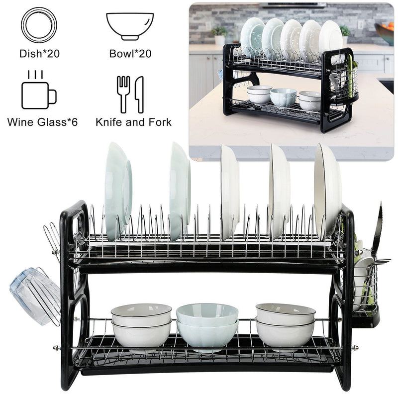 Dish Drying Rack, 2-Tier Dish Drying Rack with Drainboard Set, Black Metal  Dish Rack Plate Rack for Kitchen Counter, Dish Drainer with Utensil 