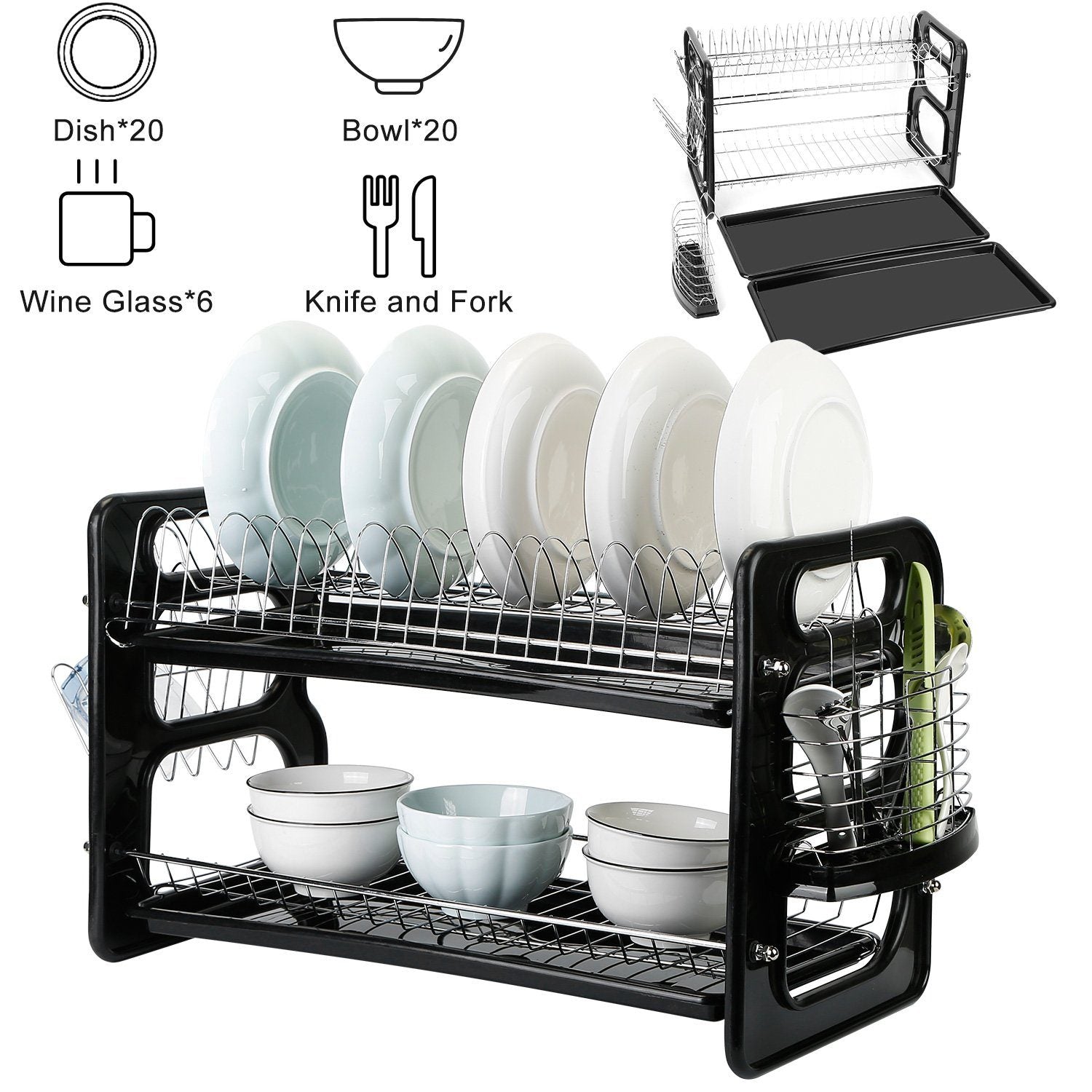 2 Tier Dish Drying Rack With Drainboard Tray Plastic Dish Rack Holder for  Bowls