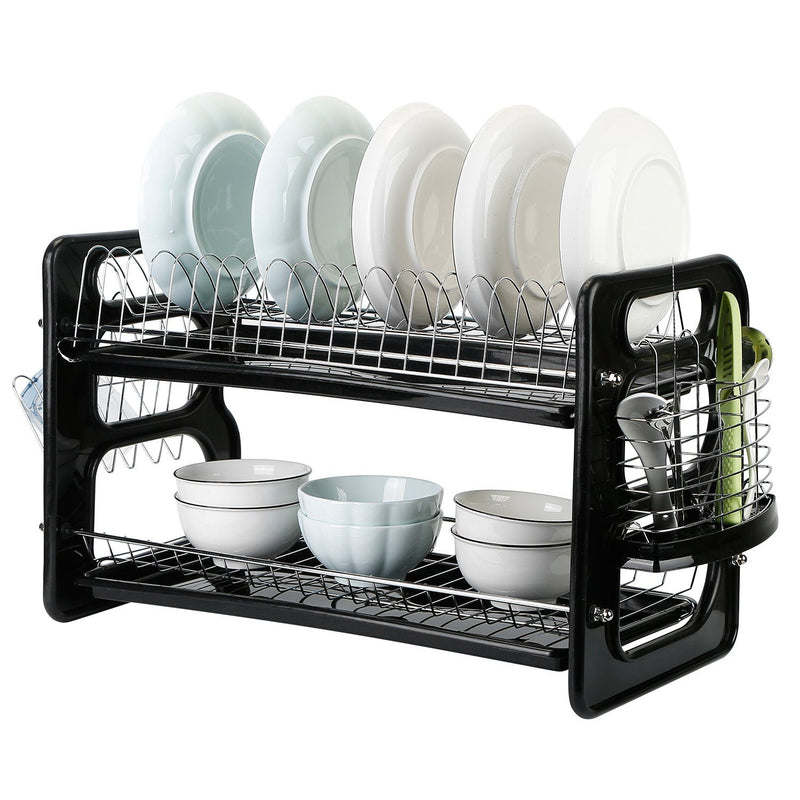 Dish Drying Rack-2 Tier Stainless Steel Large Dish Rack with Drain Board  for Kitchen Counter Drainage, Dish Drainers with Wine Glass Holder, Utensil