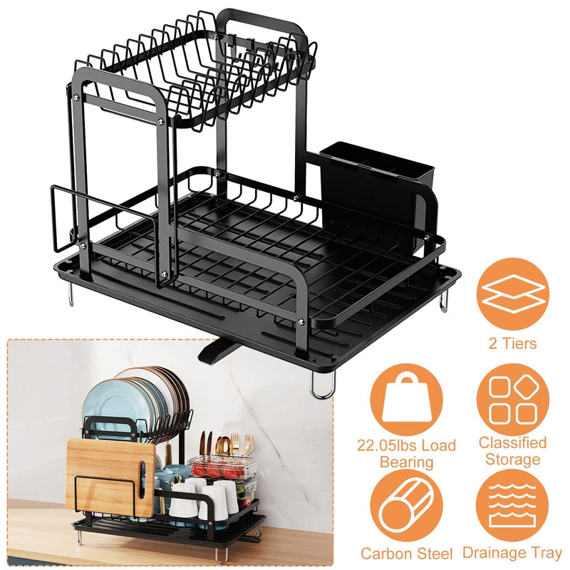 2 Tiers Dish Drying Rack with Drain Tray Dish Drainer Organizer
