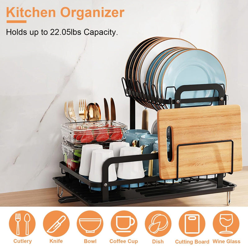 2-Tier Dish Rack with Cup Utensil Holder Cutting Board Knife