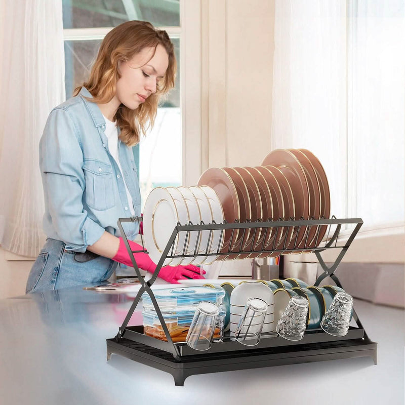 2-Tier Dish Drying Rack with Cup Holder and Drainboard Kitchen Storage - DailySale