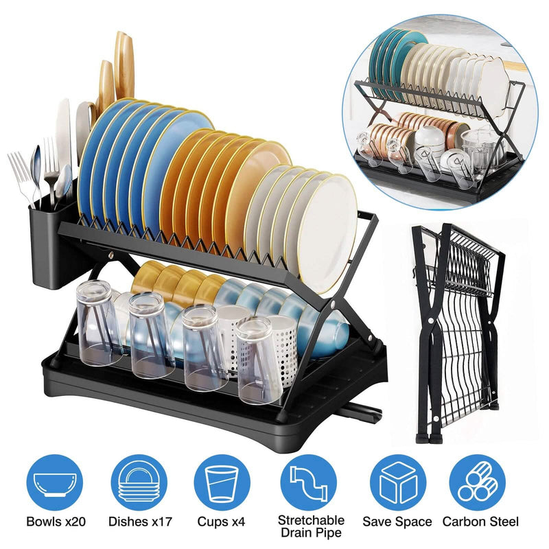 2-Tier Dish Drying Rack with Cup Holder and Drainboard Kitchen Storage - DailySale