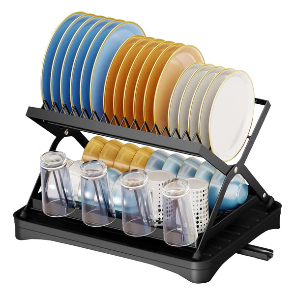 2-Tier Dish Drying Rack with Cup Holder and Drainboard Kitchen Storage - DailySale