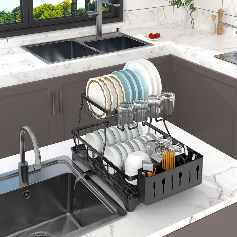 2-Tier Dish Rack Drainer Organizer Set with Utensil Cup Holder Rack Swivel Spout Kitchen Storage - DailySale