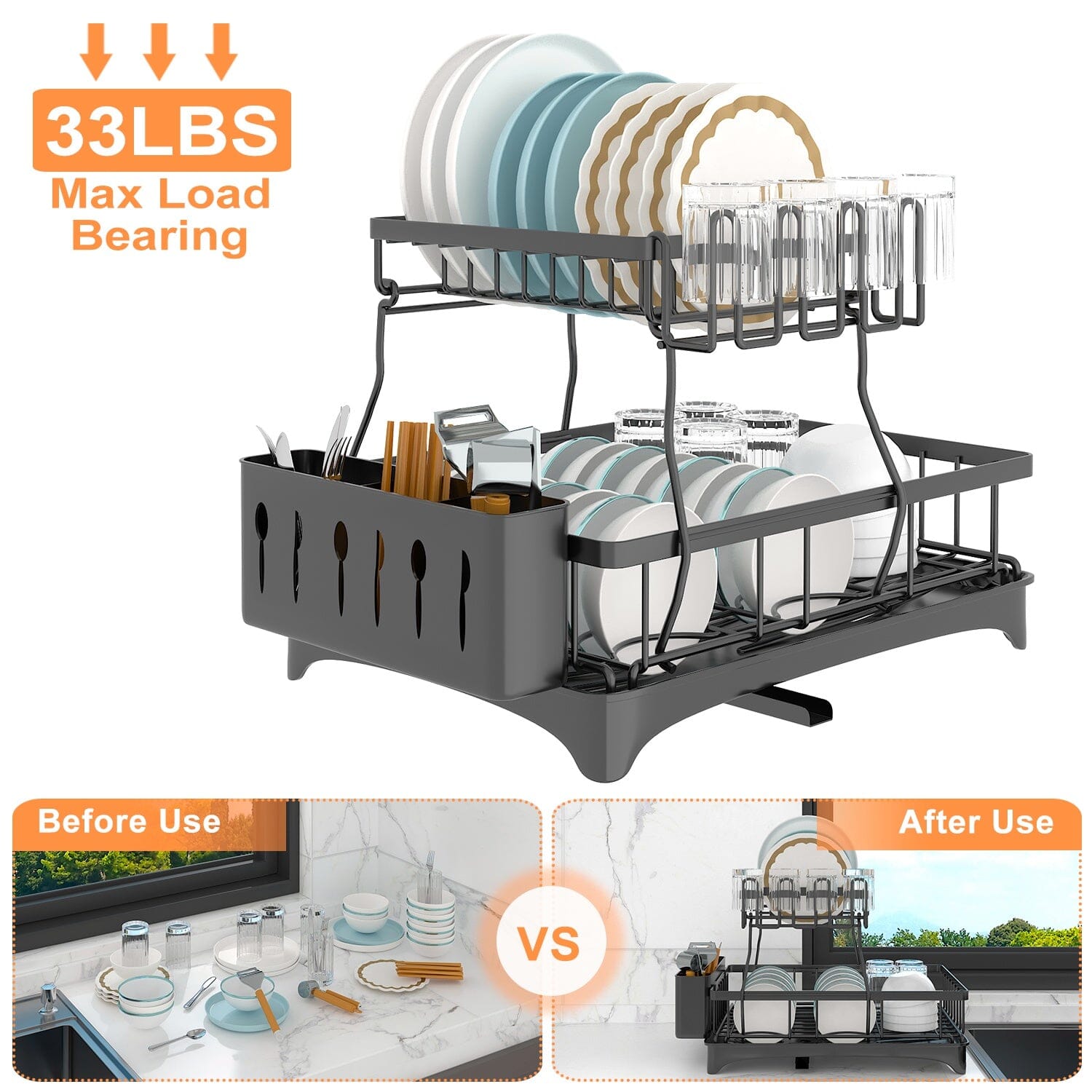 2-Tier Dish Rack Drainer Organizer Set with Utensil Cup Holder Rack Swivel Spout Kitchen Storage - DailySale