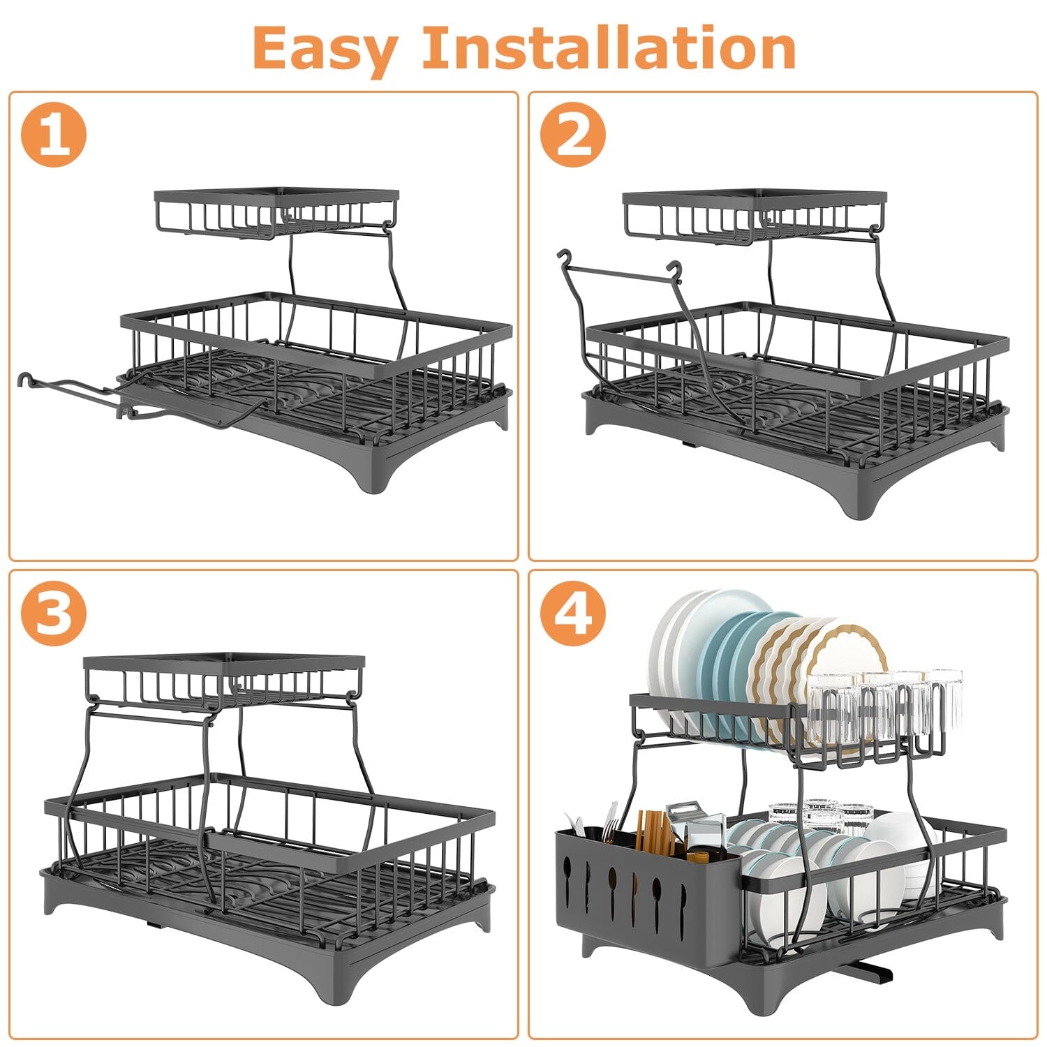 2-Tier Dish Rack Drainer Organizer Set with Utensil Cup Holder Rack Swivel Spout Kitchen Storage - DailySale