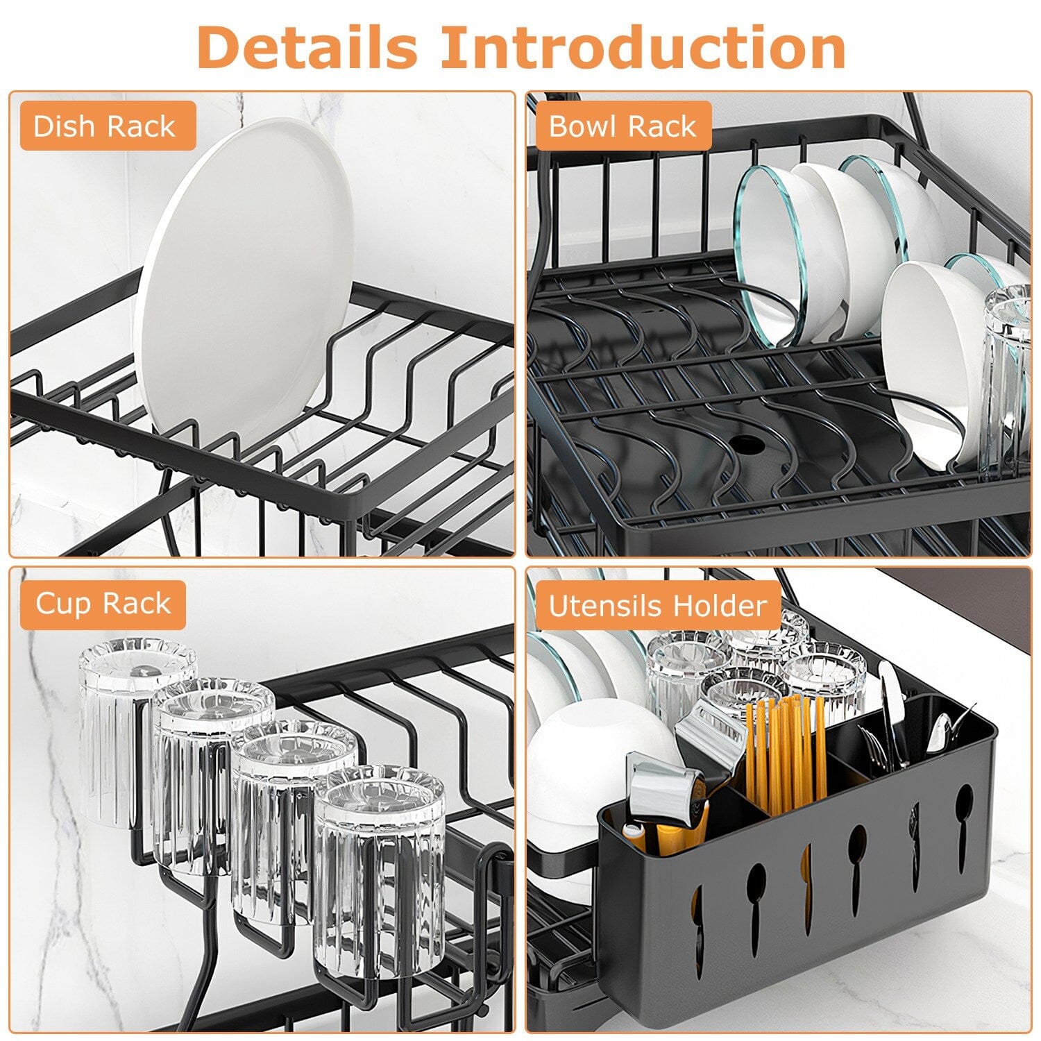 2-Tier Dish Rack Drainer Organizer Set with Utensil Cup Holder Rack Swivel Spout Kitchen Storage - DailySale