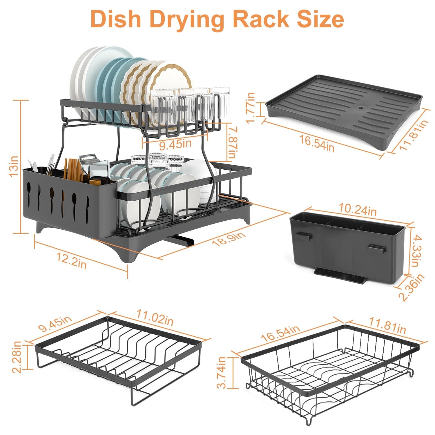 2-Tier Dish Rack Drainer Organizer Set with Utensil Cup Holder Rack Swivel Spout Kitchen Storage - DailySale