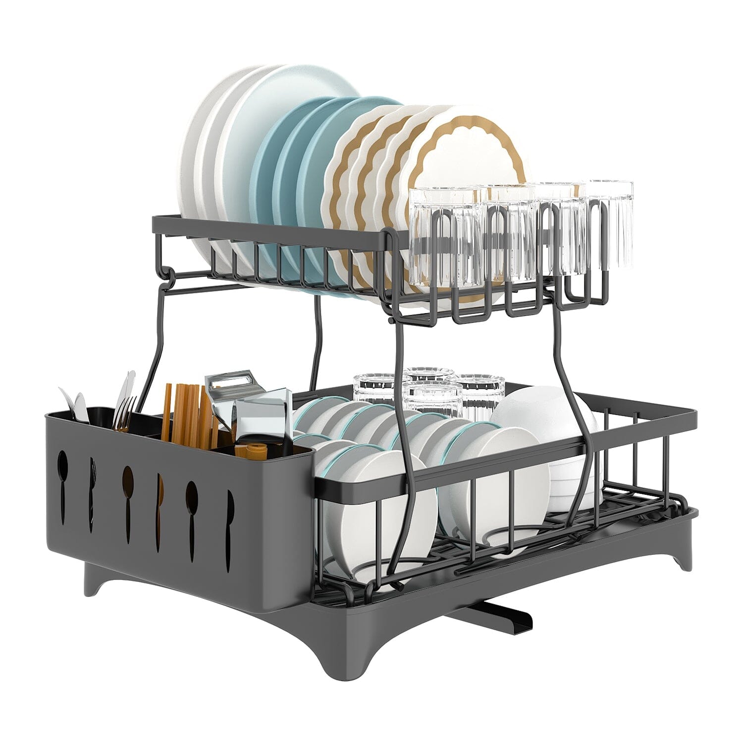 2-Tier Dish Rack Drainer Organizer Set with Utensil Cup Holder Rack Swivel Spout Kitchen Storage - DailySale