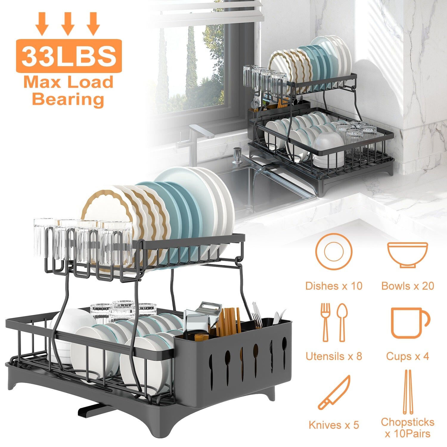 2-Tier Dish Rack Drainer Organizer Set with Utensil Cup Holder Rack Swivel Spout Kitchen Storage - DailySale