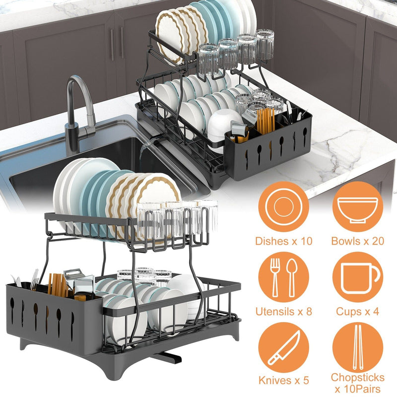 2-Tier Dish Rack Drainer Organizer Set with Utensil Cup Holder Rack Swivel Spout Kitchen Storage - DailySale