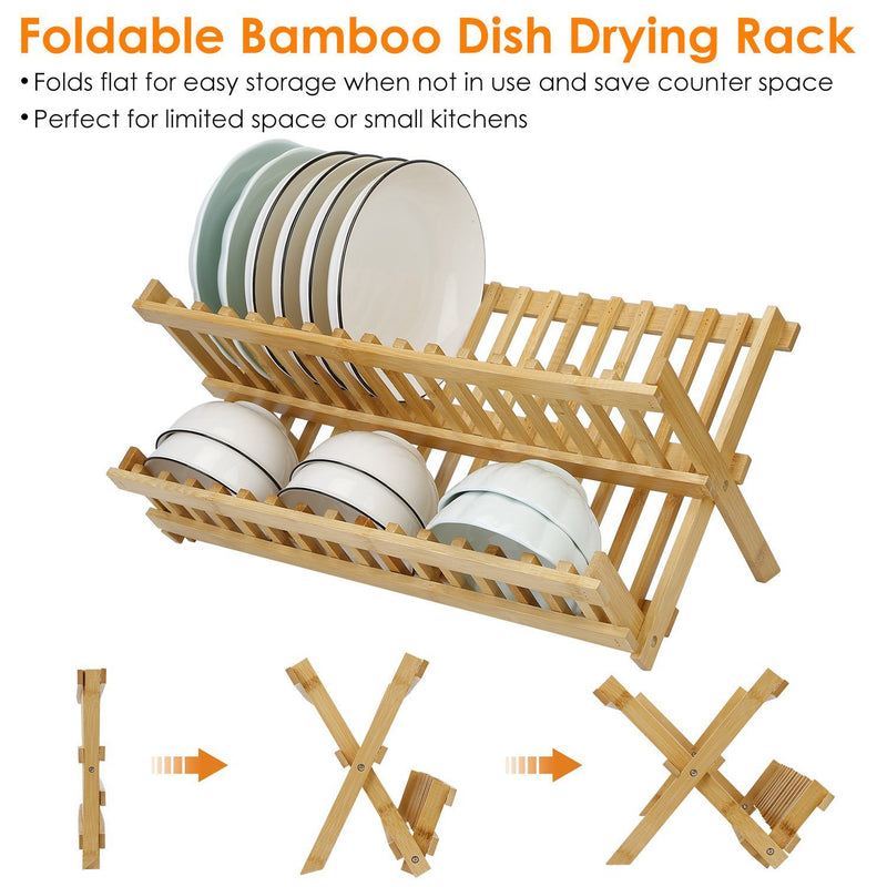 2-Tier Foldable Bamboo Dish Drying Rack Kitchen & Dining - DailySale