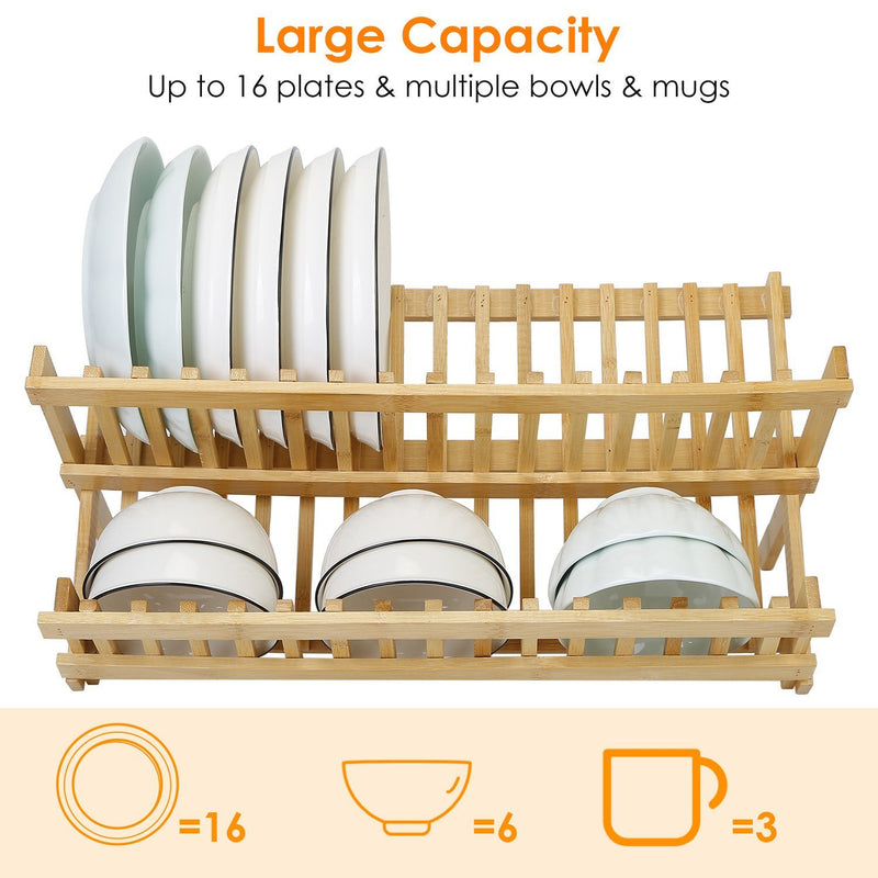 2-Tier Foldable Bamboo Dish Drying Rack Kitchen & Dining - DailySale