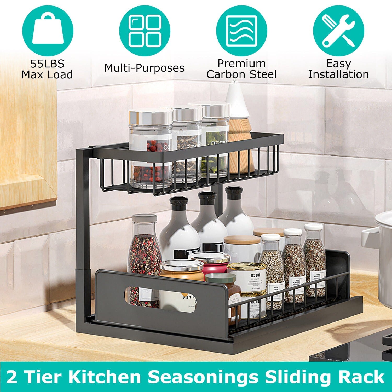 Under Sink Organizer, Sliding Cabinet Basket store Organizer 2 Tier Under Sink