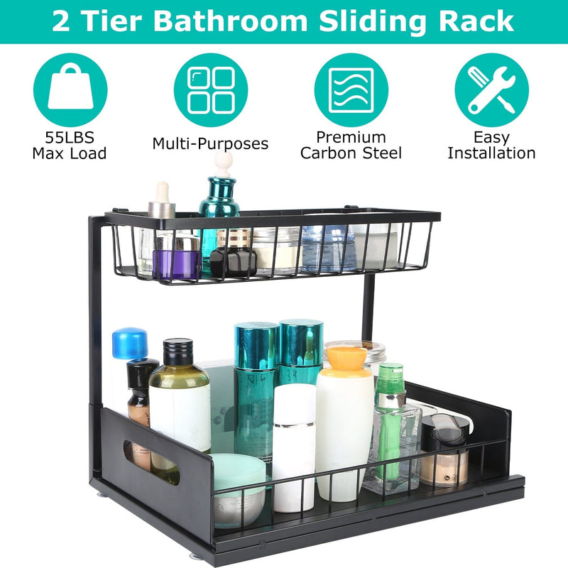 Under Sink Organizer, Multi-purpose Storage Shelf and 2 Tier Under Sink  Organizer for Kitchen Bathroom Countertop And Cabinet, Black with 4 Hooks  The Bottom Slide Out Basket with A Handle 