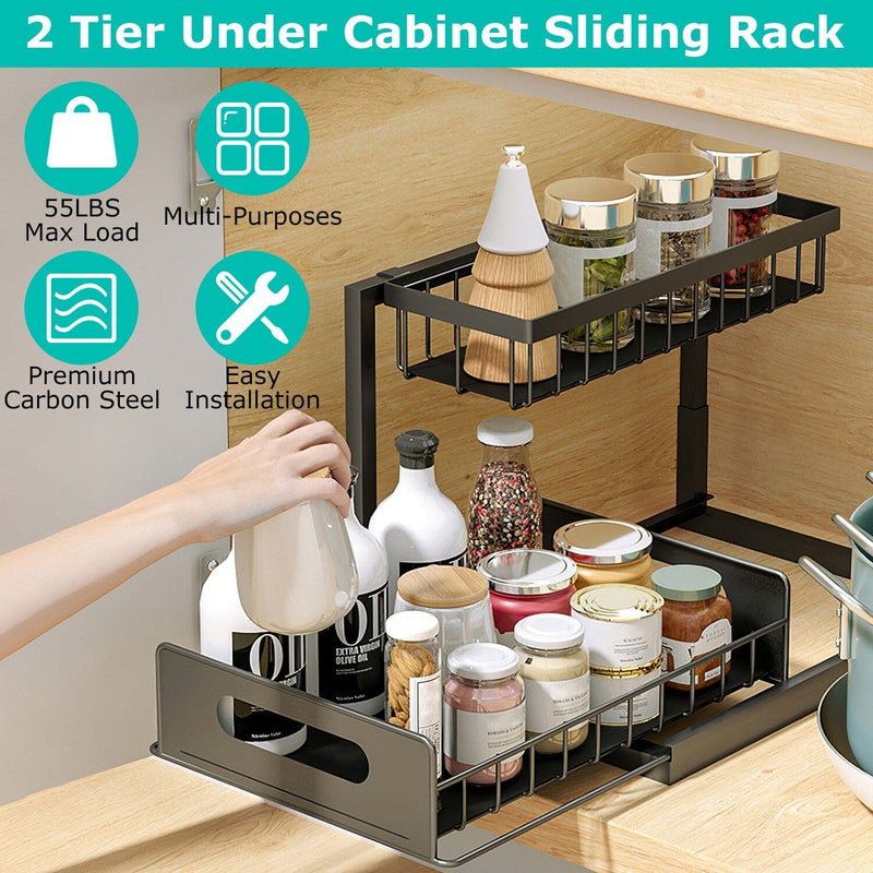 2-Tier Under Sink Organizer Pull Out Basket Storage Kitchen Storage - DailySale