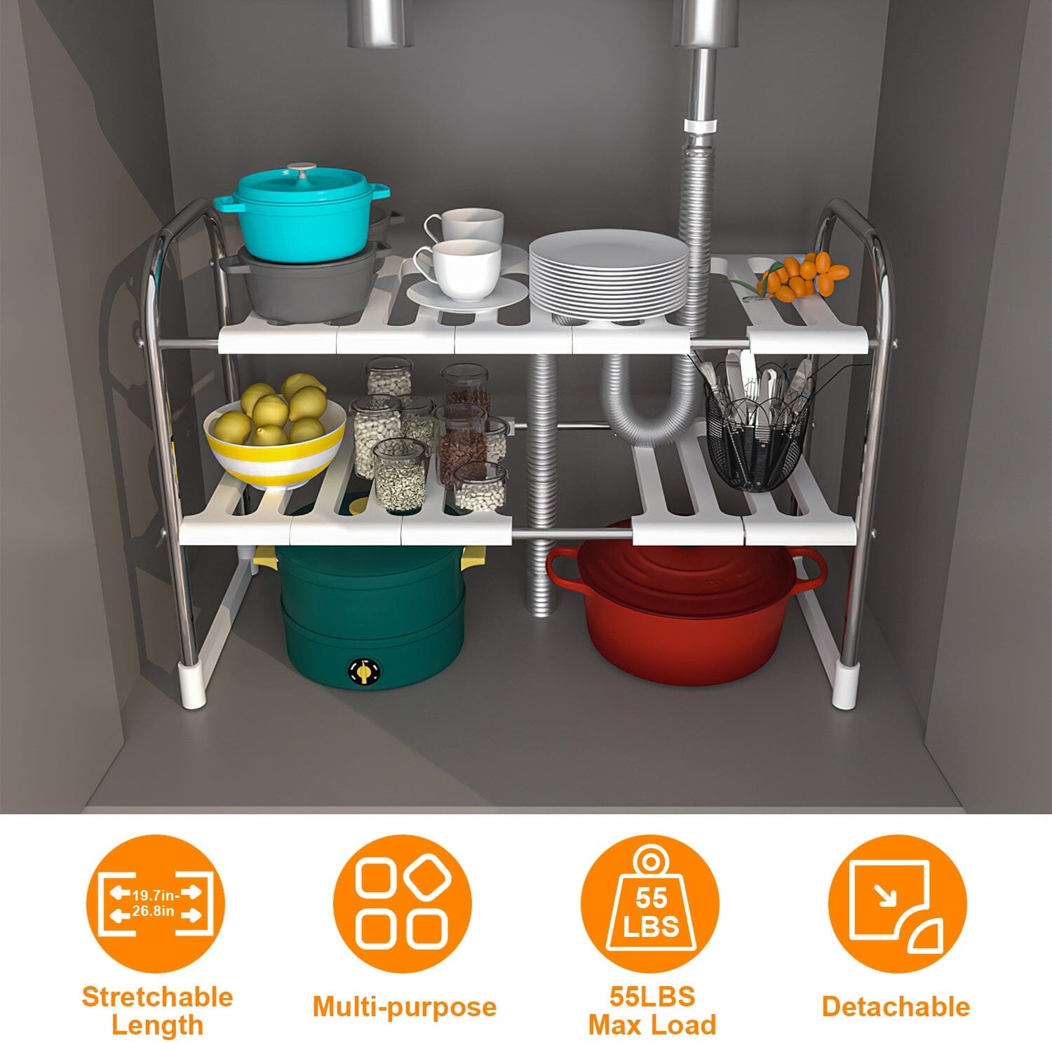 2-Tier Under Sink Organizer Retractable Kitchen Rack Holder Kitchen Storage - DailySale