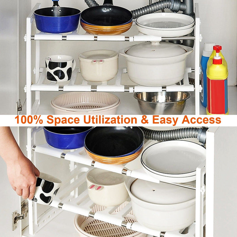 2-Tier Under Sink Organizer Retractable Space Saving Storage Kitchen Storage - DailySale