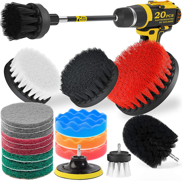 20-Pack Holikme Drill Brush Attachment Set in black, shown laid out on a table